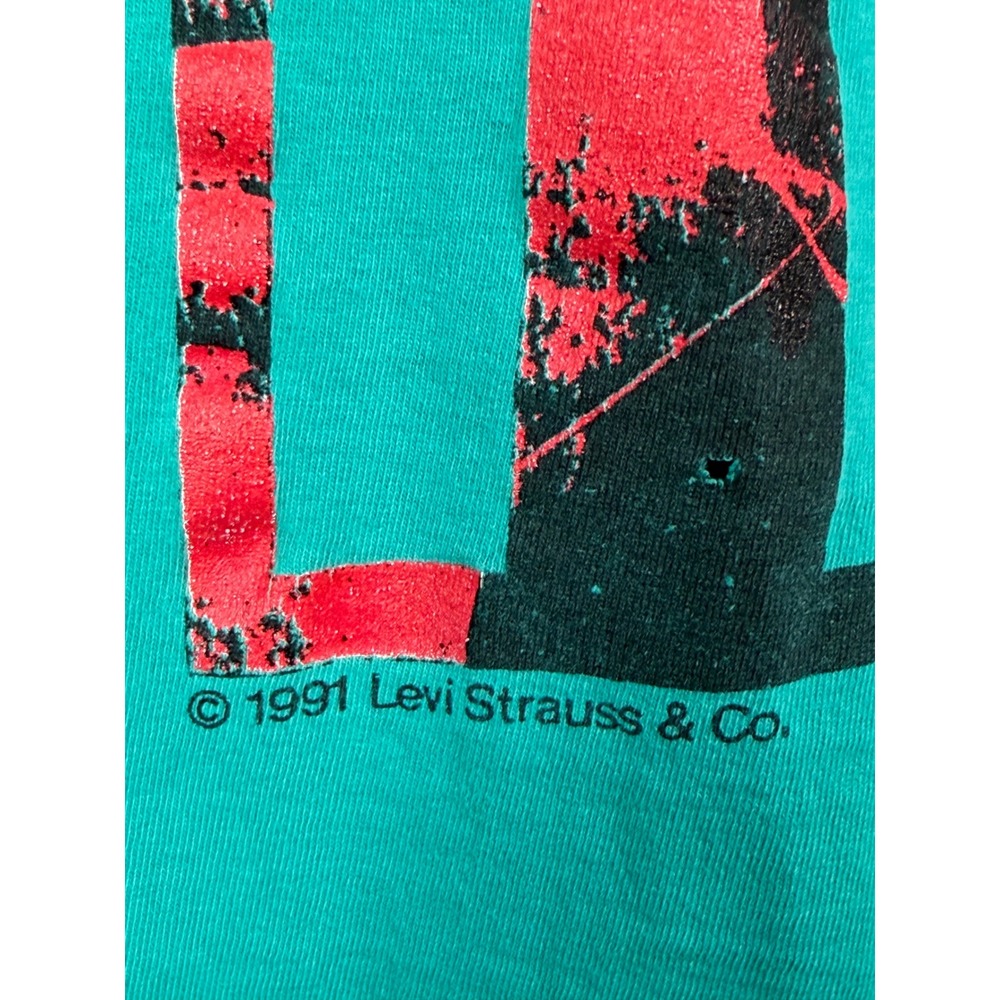 Levi's Men 100% Cotton T-Shirt XL Teal Button Your‎ Fly Vintage 1991 Graphic Tee - Picture 2 of 10